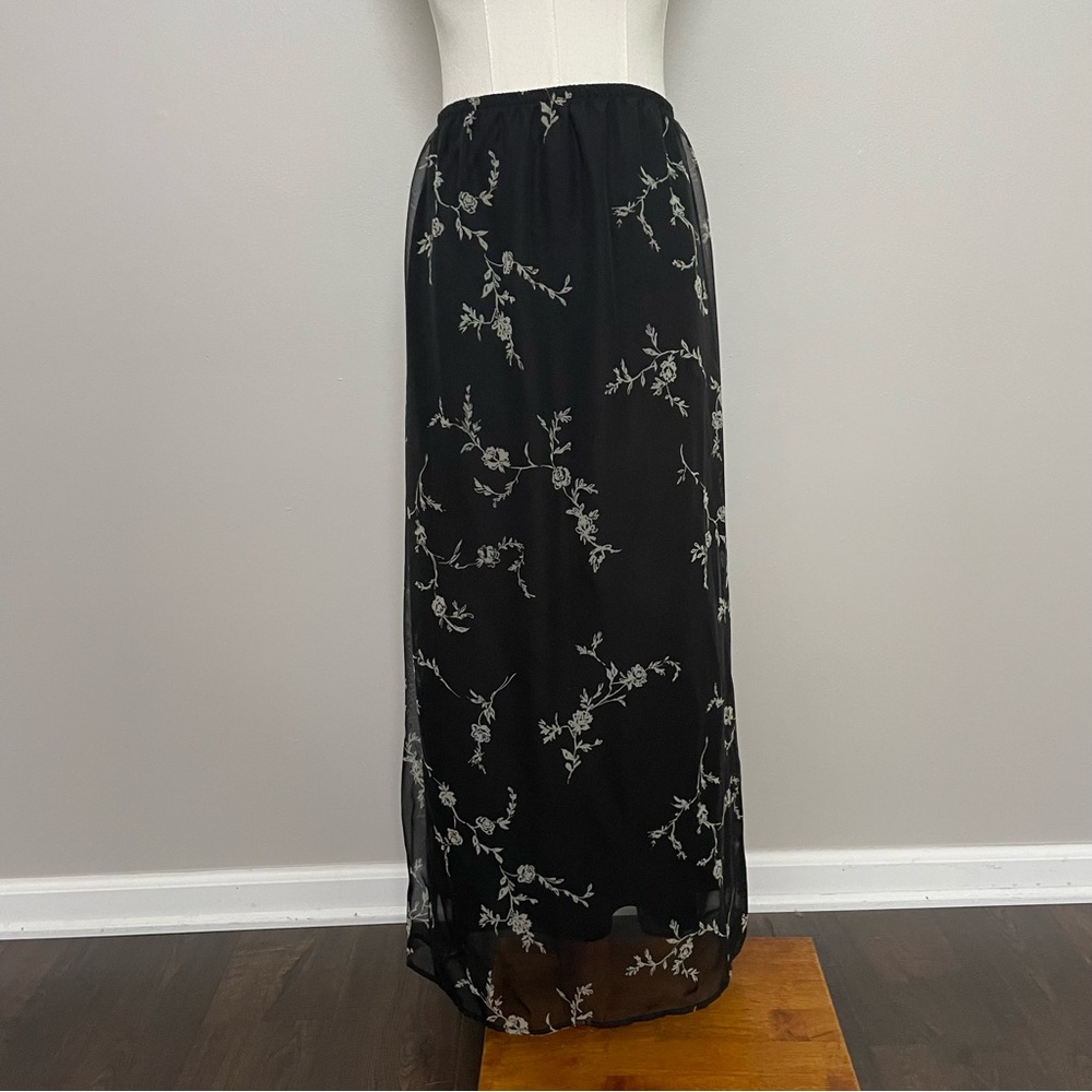 Vintage Maxi Skirt Asian Floral Dark Fairy Grunge Whimsigoth Black Sheer 90s Y2K
